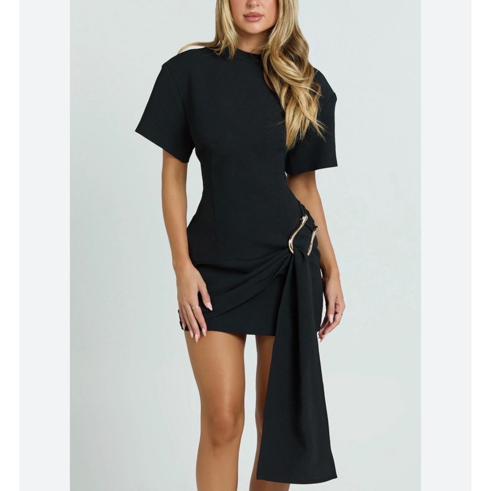 Lioness Martini Mini Dress Women Large Black Side Drape Gold Detail Cocktail LBD
